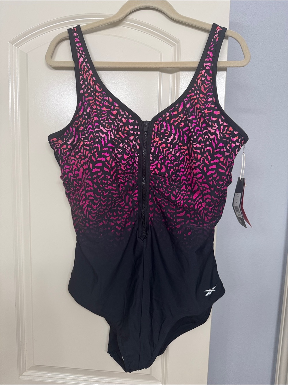 Reebok Black & Hot Pink Front Zip Athletic One-Piece
